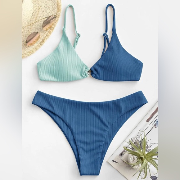 Women's Ribbed O-Ring String Bikini Swimsuit Thong Swimwear Two Pieces - Picture 5 of 11